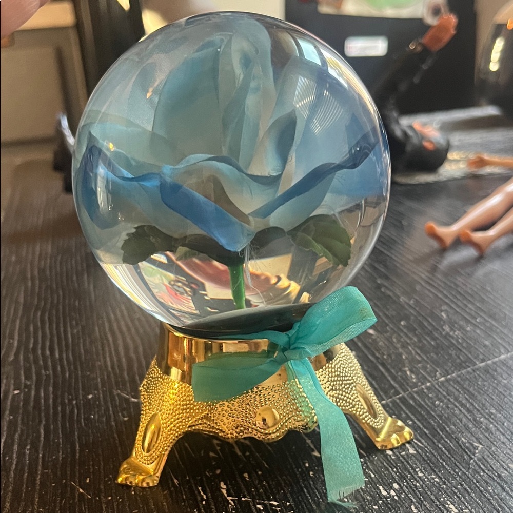 Elegant Blue Rose Glass Sphere with Gold Stand